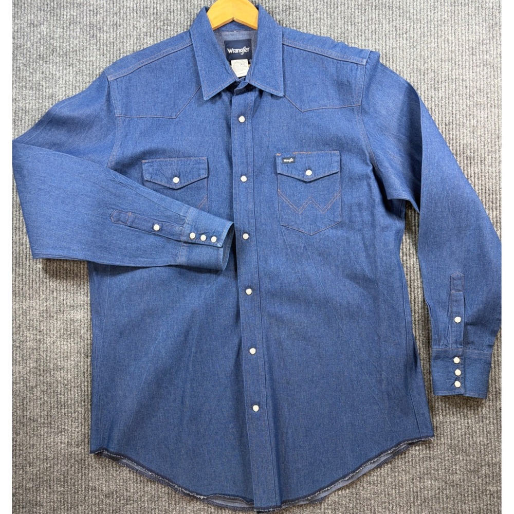 Vintage Wrangler Mens Blue Western Denim Pearl Snap Shirt XLT MS70119 Cowboy